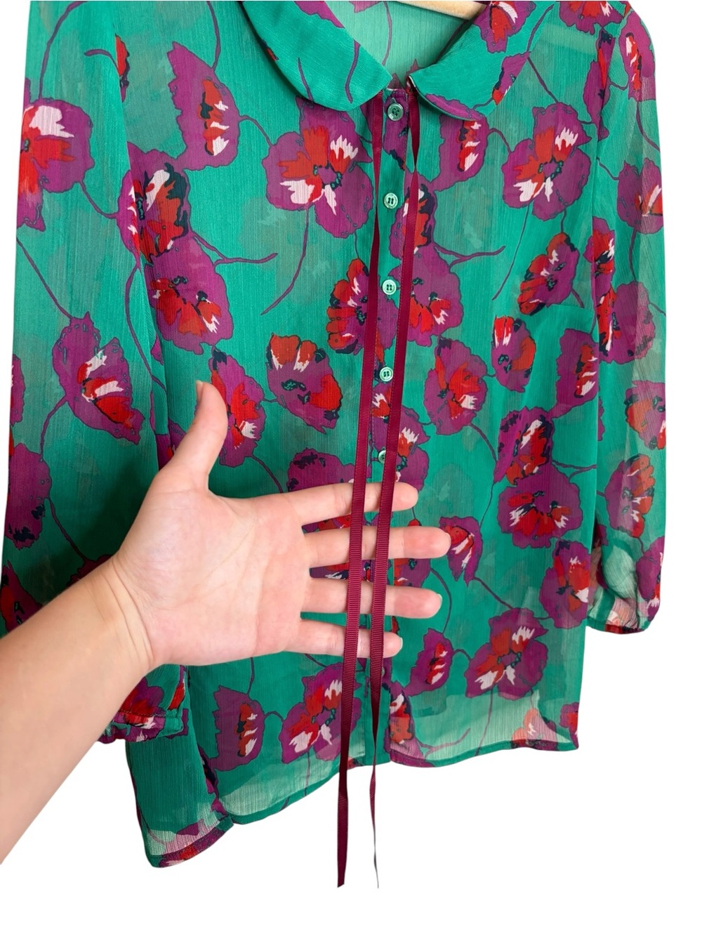 Modcloth button down teal floral tie neck semi sheer blouse size large - Picture 5 of 7